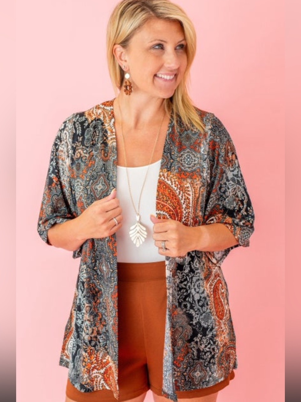 Lightweight Paisley Open-Front Cardigan - Rust & Gray NWT XL